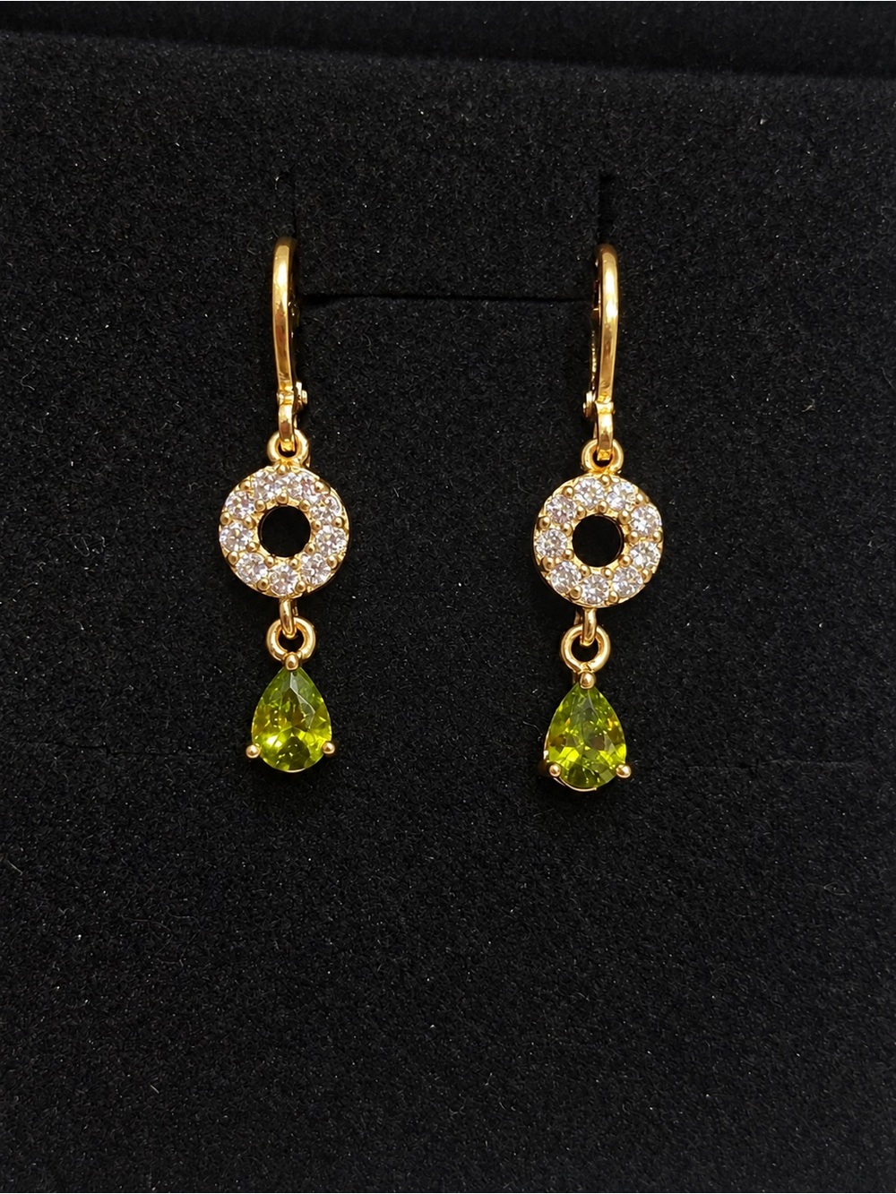 Gold-Tone Peridot-Green Drop Earrings with Pavé Circles